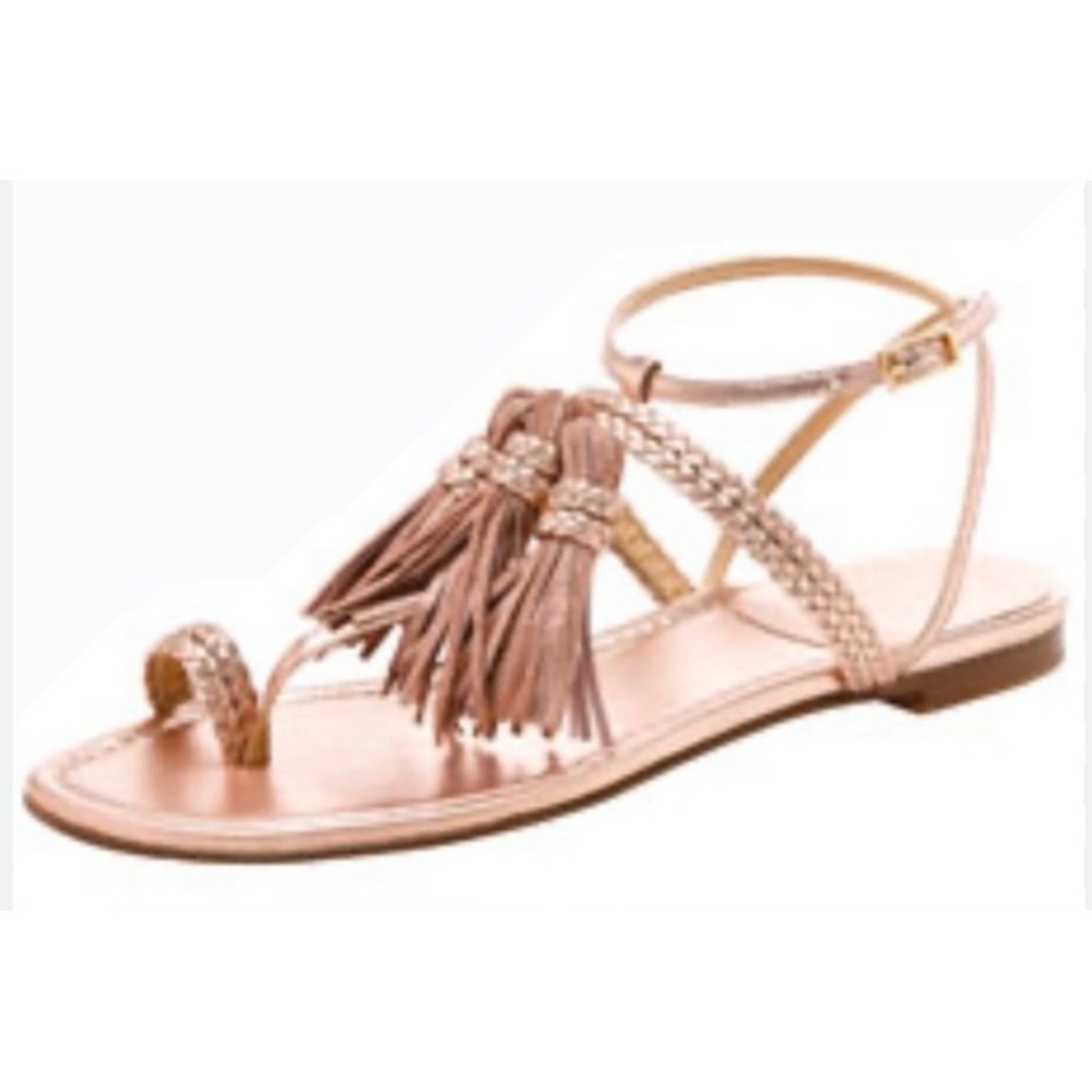 Stuart Weitzman Rose Gold Metallic Leather Tassel Braided Sandals Women 6B